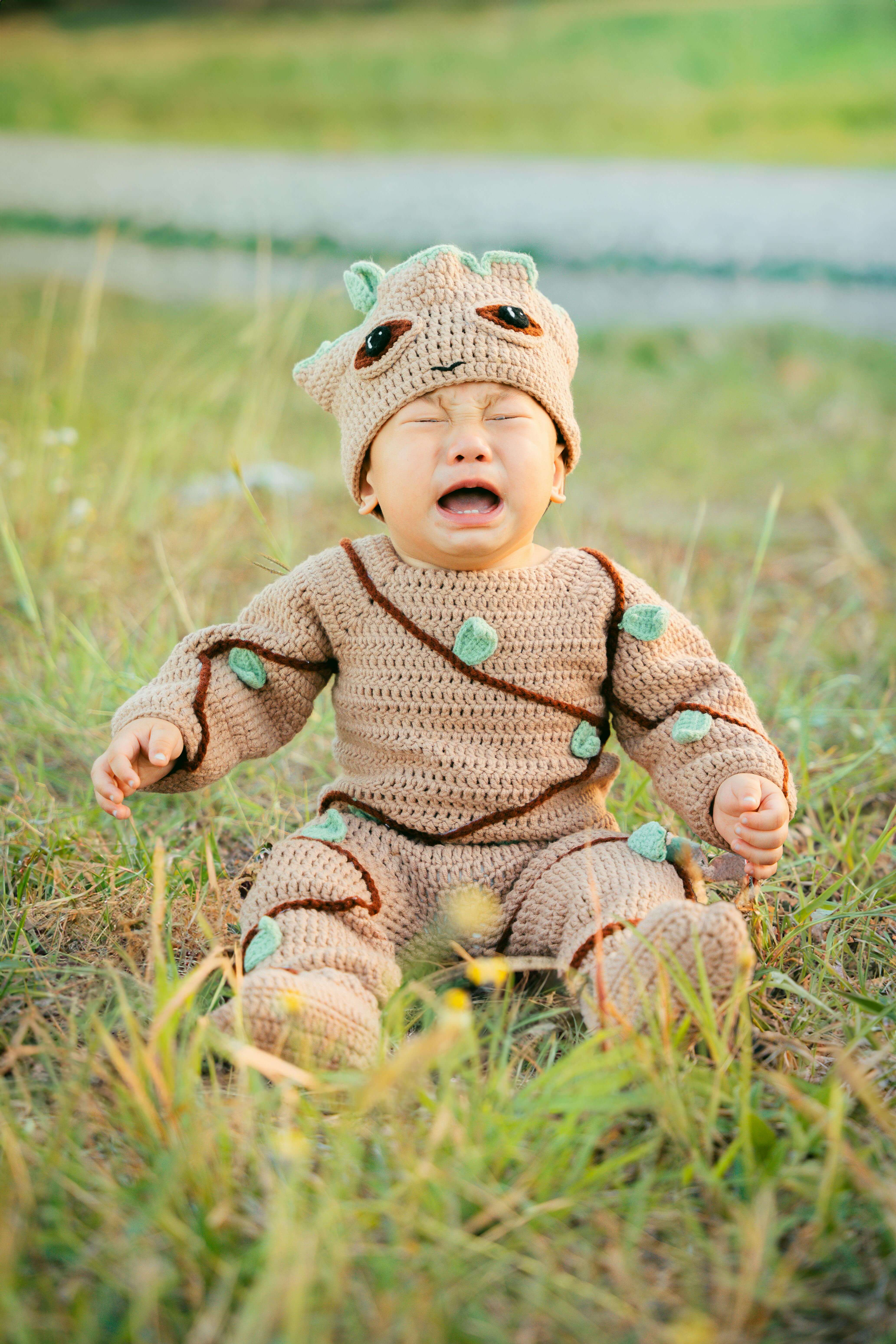 Baby in a groot crochet outfit